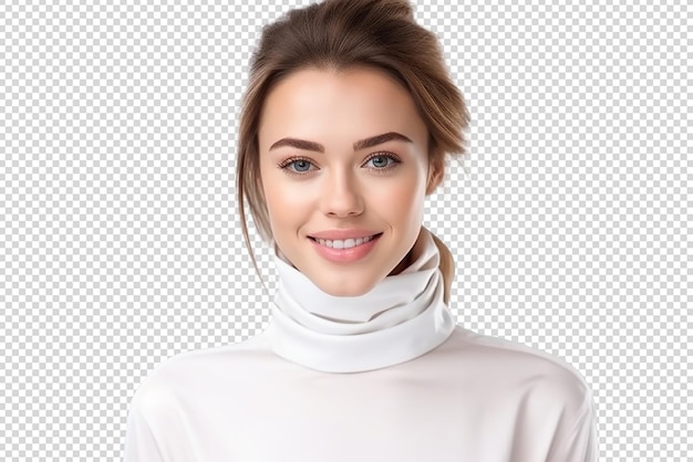 portrait of happy woman wearing highnecked isolated on transparent background