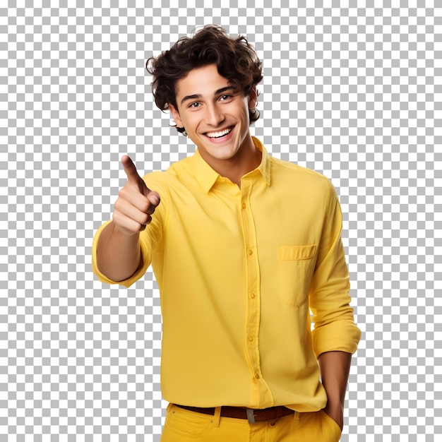 Portrait of happy young man showing pointing up gesture isolated on transparent background