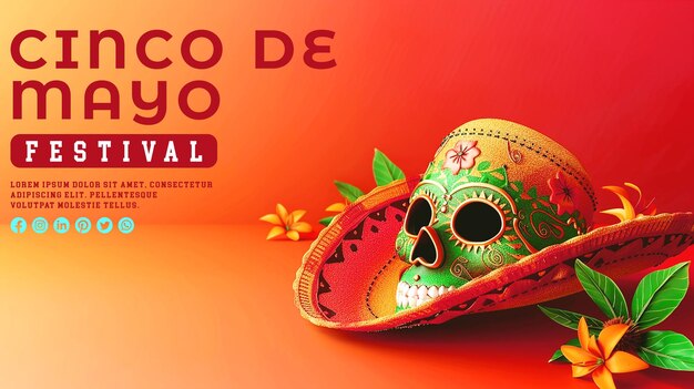 PSD portrait of human skull decoration cinco de mayo celebration background for banner or poster