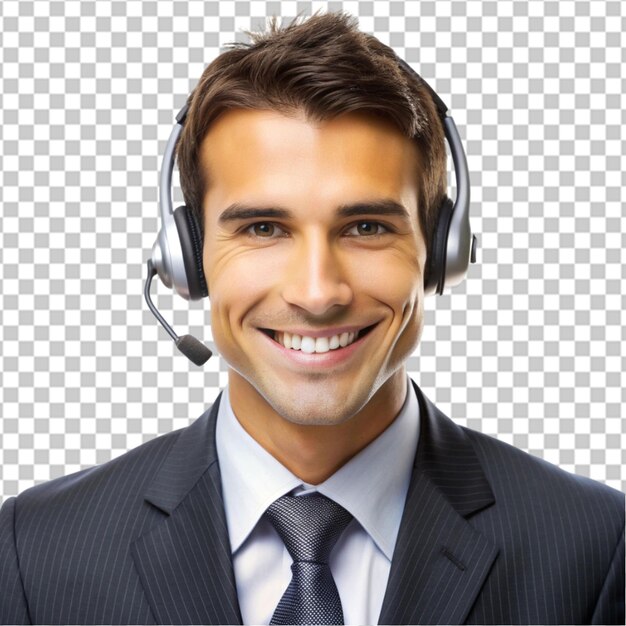 Portrait human wearing telemarketer headset isolated on transparent background