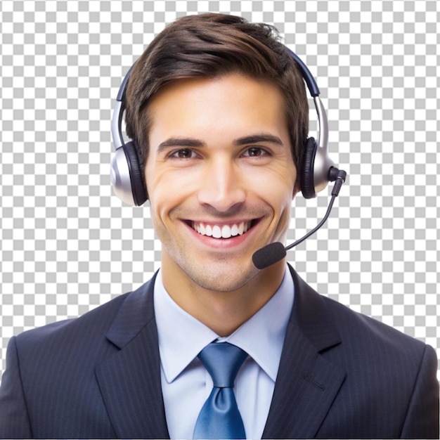 Portrait human wearing telemarketer headset isolated on transparent background