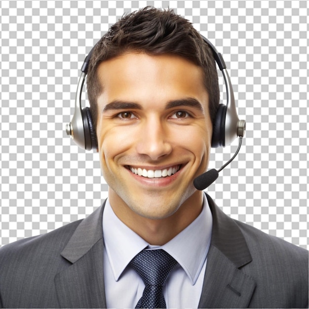 Portrait human wearing telemarketer headset isolated on transparent background