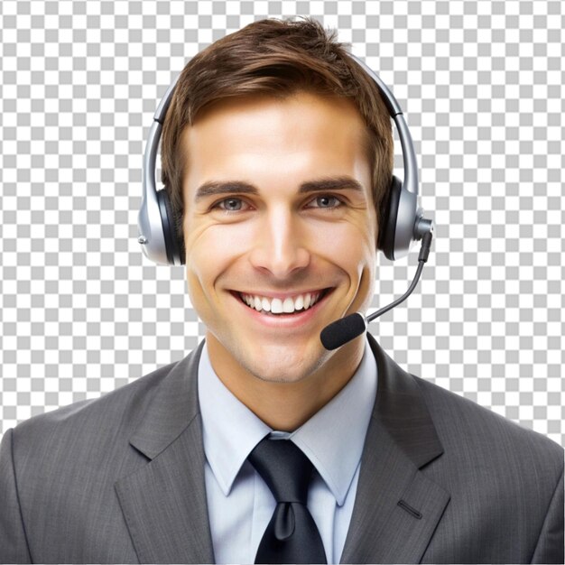 Portrait human wearing telemarketer headset isolated on transparent background