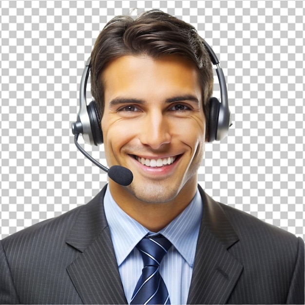 Portrait human wearing telemarketer headset isolated on transparent background