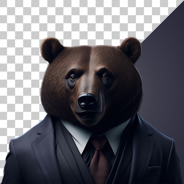 Portrait of Humanoid Anthropomorphic Bear Wearing Businessman Suit Isolated Transparent