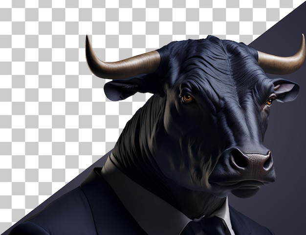 Portrait of Humanoid Anthropomorphic Black Bull Wearing Businessman Suit Isolated Transparent