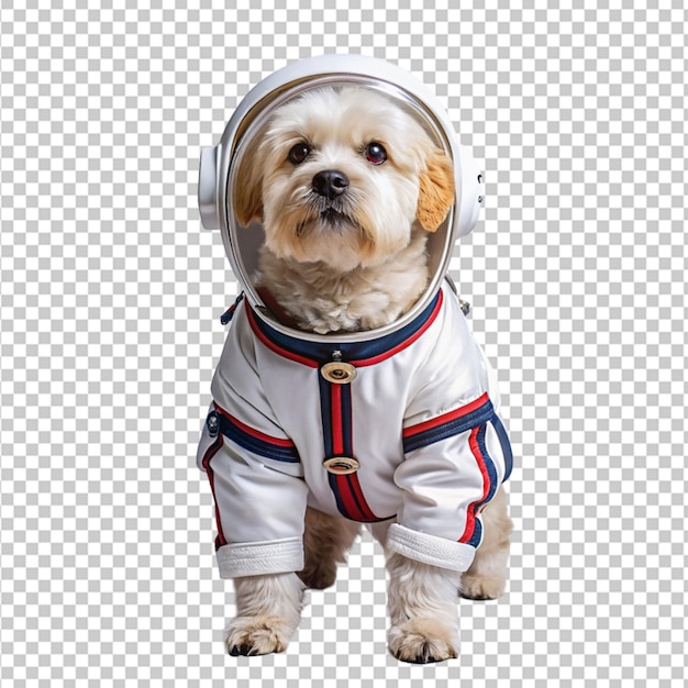 Portrait of humanoid anthropomorphic dog wearing white astronaut suit isolated transparent