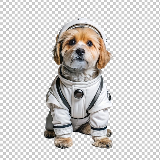 Portrait of humanoid anthropomorphic dog wearing white astronaut suit isolated transparent