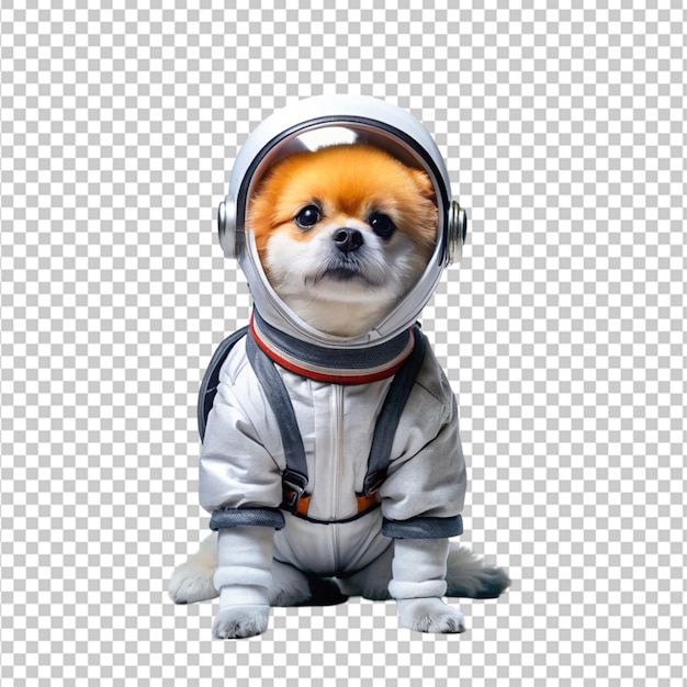 Portrait of humanoid anthropomorphic dog wearing white astronaut suit isolated transparent