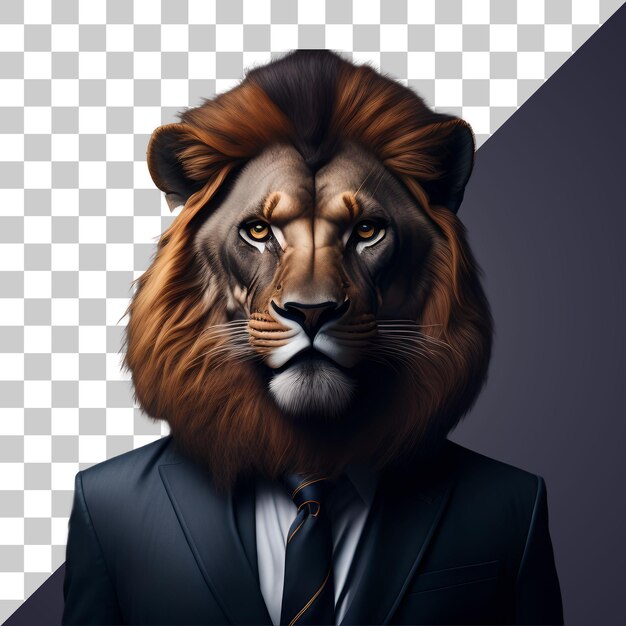 PSD portrait of humanoid anthropomorphic lion wearing businessman suit isolated transparent