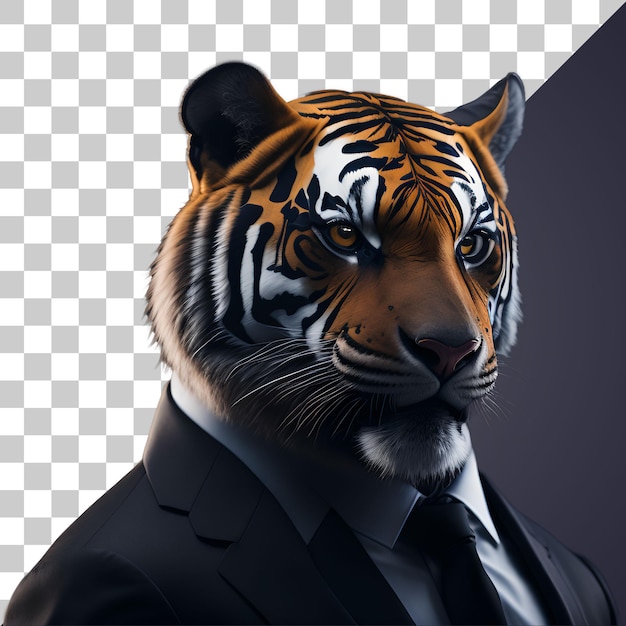 Portrait of Humanoid Anthropomorphic Tiger Wearing Businessman Suit Isolated Transparent