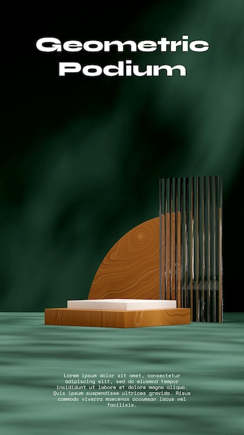 portrait layout arch and glass green scene background 3D render blank mockup wood and white podium