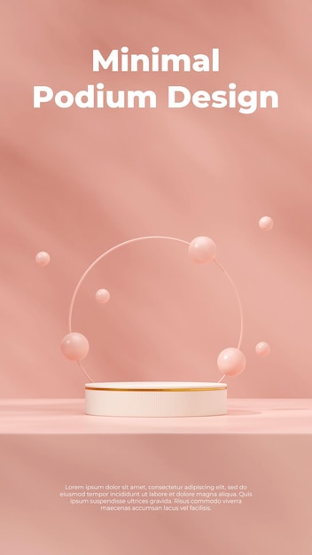 Portrait layout of floating pink ball and ring 3D render mockup space white and gold podium