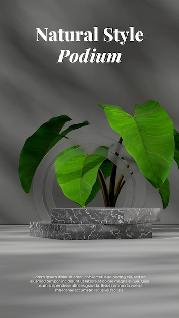 Portrait layout frosted glass and green caladium 3d rendering mockup template grey marble podium