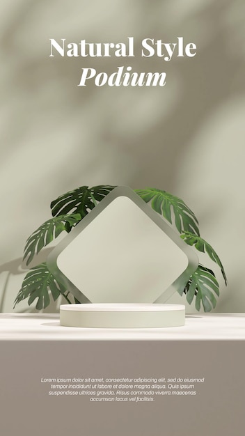 Portrait layout of green monstera and wall 3D render mockup space white and green round podium