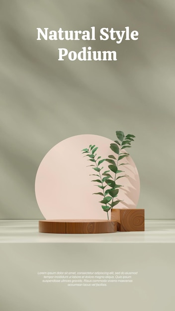 Portrait layout of green wall and plant, 3D image render empty scene brown cylinder podium