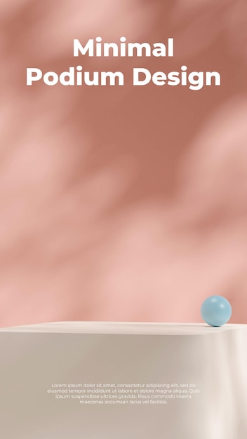 Portrait layout of light pink wall and blue ball, 3D render scene mockup of white block podium