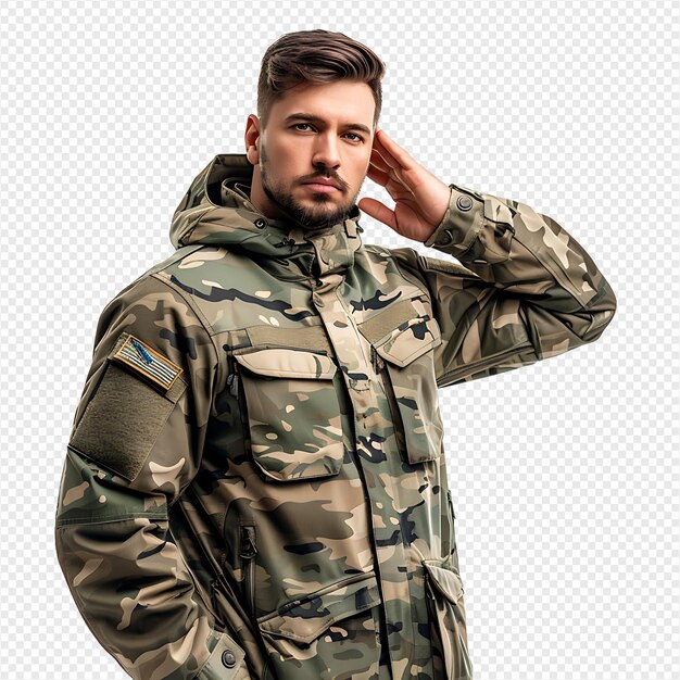 PSD portrait of male soldier in camouflage saluting on isolated transparent background