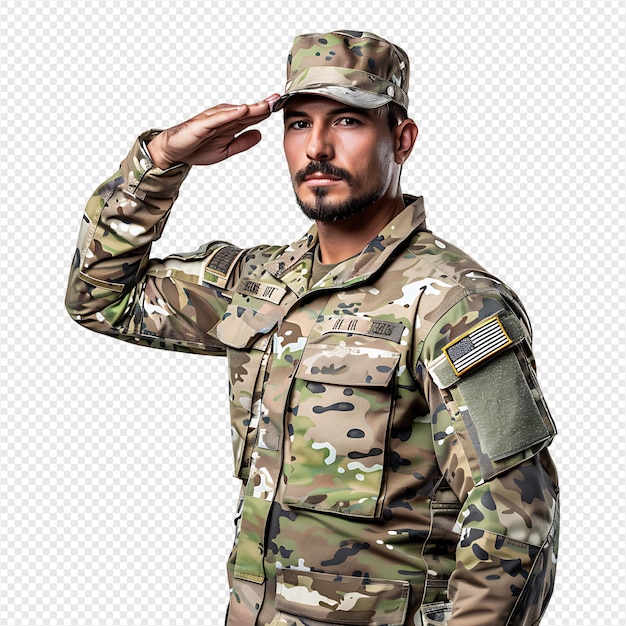 PSD portrait of male soldier in camouflage saluting on isolated transparent background