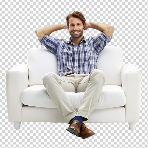 PSD portrait man sitting on sofa in relaxing isolated on transparent background