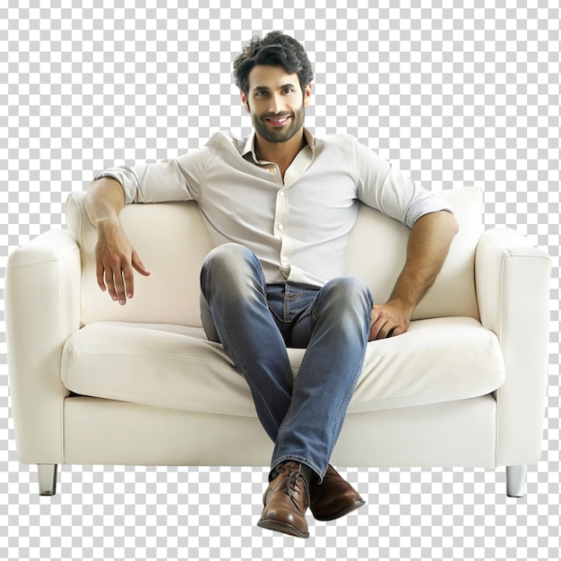 Portrait man sitting on sofa in relaxing isolated on transparent background