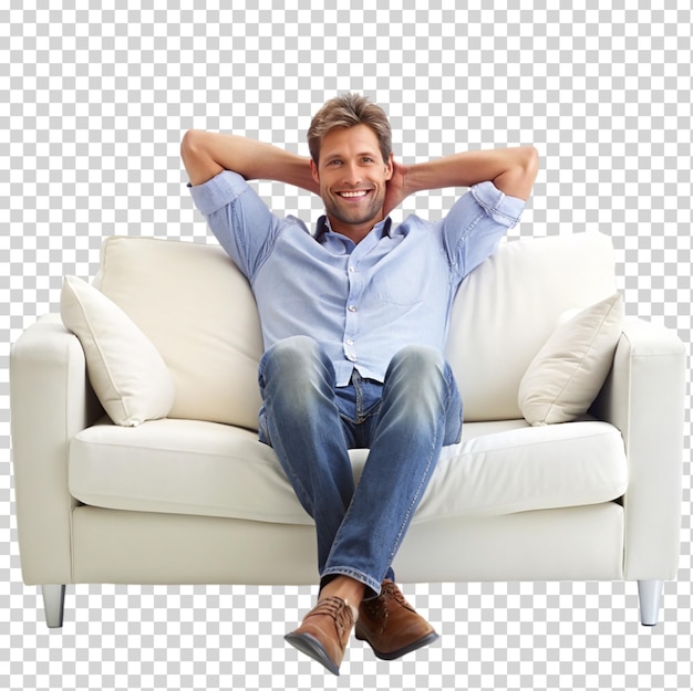 PSD portrait man sitting on sofa in relaxing isolated on transparent background