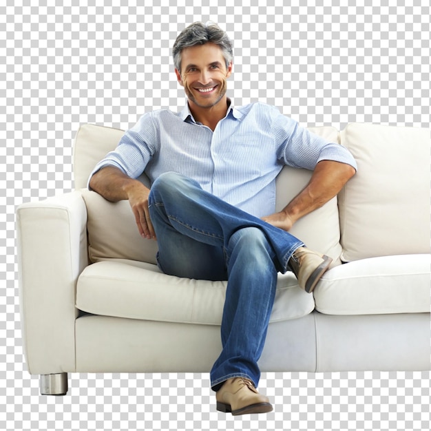 PSD portrait man sitting on sofa in relaxing isolated on transparent background