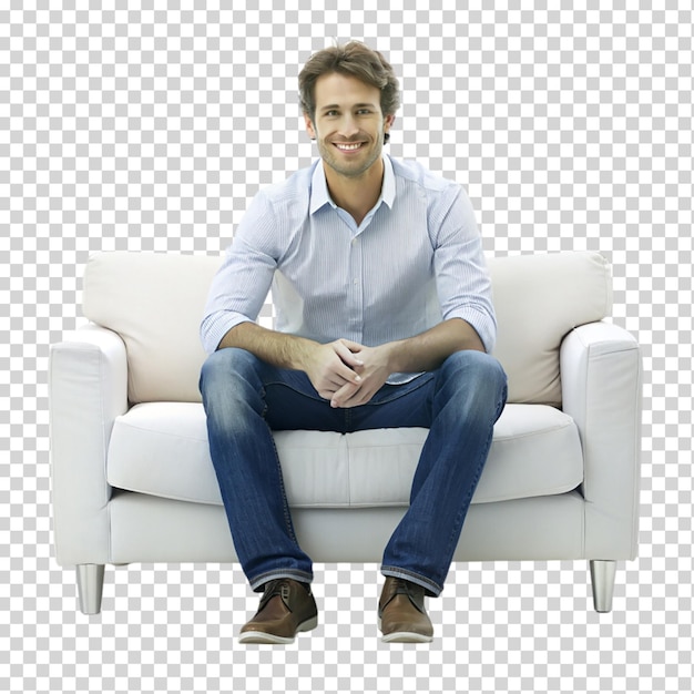 Portrait man sitting on sofa in relaxing isolated on transparent background