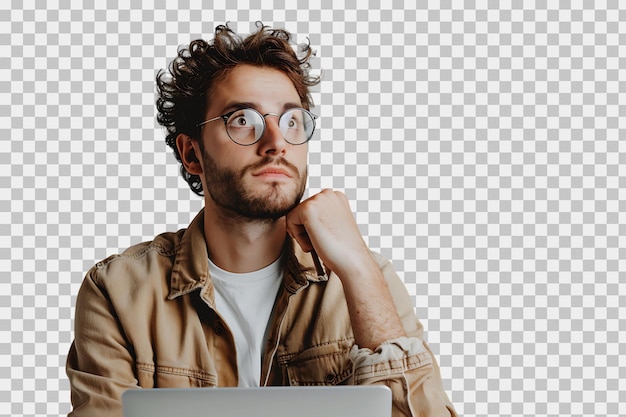 Portrait of man wear stylish shirt eyewear thoughtfully hold laptop on transparent background