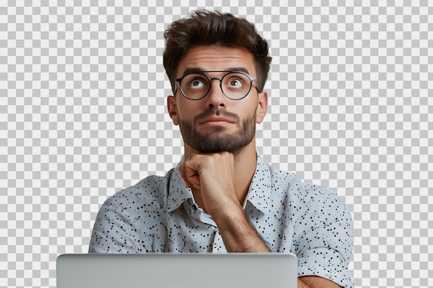 PSD portrait of man wear stylish shirt eyewear thoughtfully hold laptop on transparent background