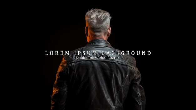 PSD portrait of man wearing leather jacket stands back in the studio