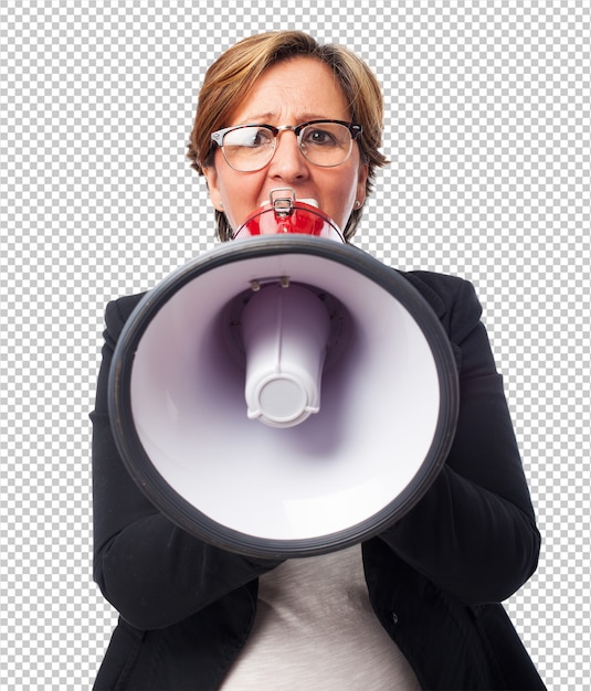 PSD portrait of a mature business woman shouting with a megaphone