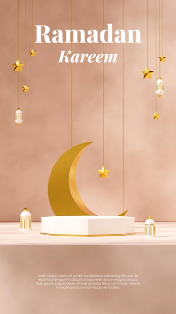 in portrait moon, stars, and lamp ramadan kareem, 3d render blank mockup white gold podium