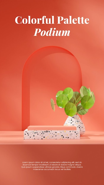 in portrait orange coral wall and green plant 3d render scene template terrazzo texture podium