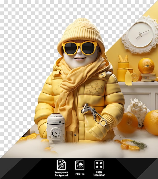 portrait of a person wearing sunglasses and a yellow scarf stands in front of a yellow wall holding a silver camera in the background there is a white clock a yellow vase and a