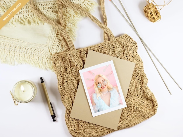 Portrait Photo Print Paper Mockup on a Knitted Hand Bag