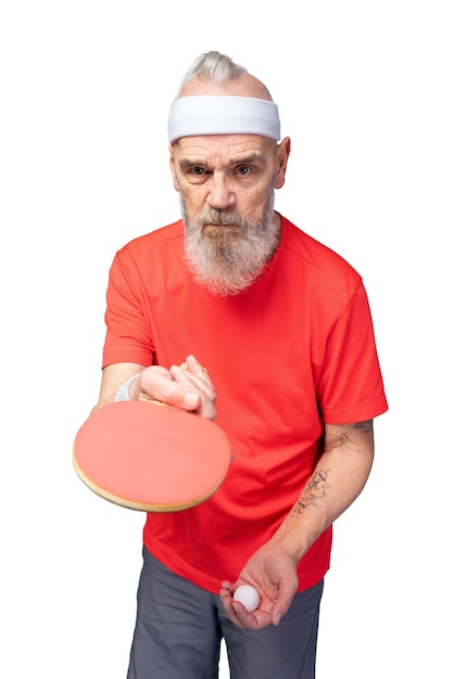 PSD portrait of senior man with ping pong gear