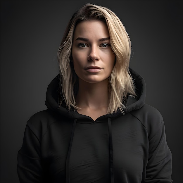 PSD portrait of a serious young woman in black hoodie on dark background