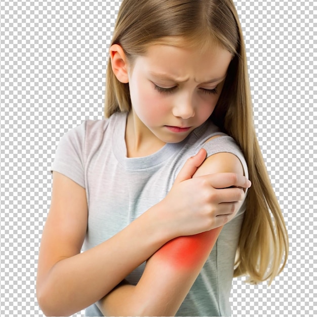 PSD portrait of a sick young woman touching her elbow