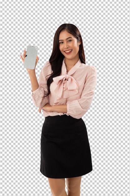 Portrait of a smiling asian woman using smartphone Psd file