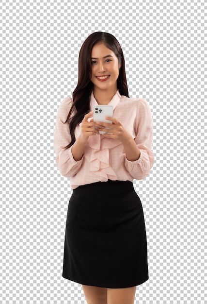 Portrait of a smiling asian woman using smartphone Psd file