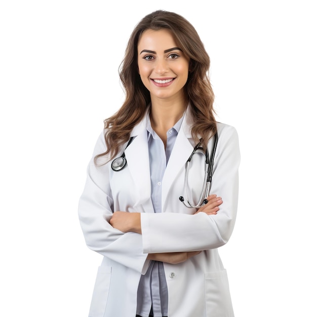 Portrait of smiling female doctor isolated on white background