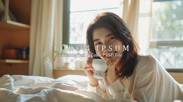 Portrait of smiling happy cheerful beauty pretty asian woman relaxing drinking and looking at cup of hot coffee or tea