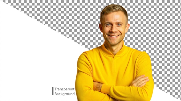 PSD portrait of a smiling man in a yellow sweater with arms crossed