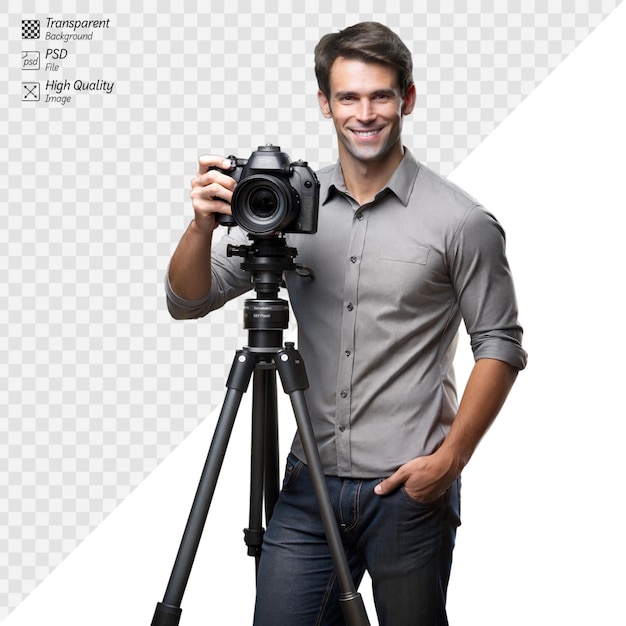 Portrait of a smiling photographer with camera on a tripod