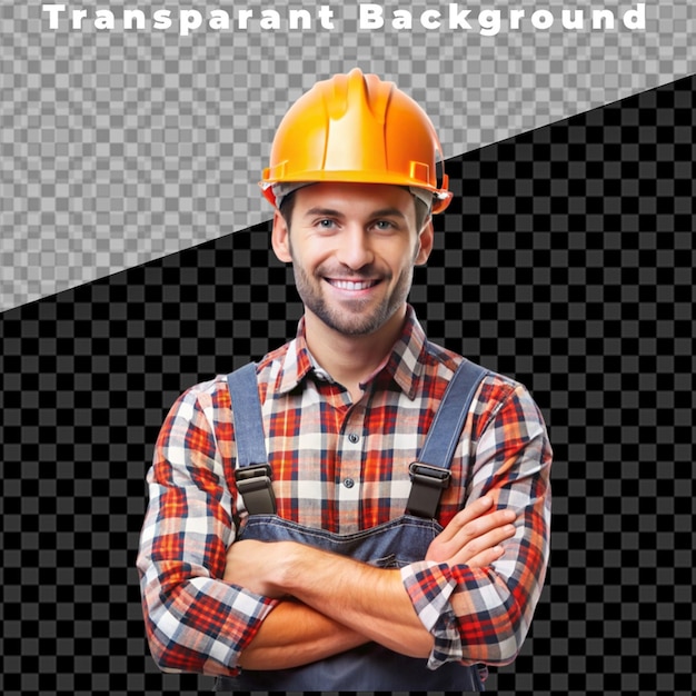 Portrait of smiling worker with helmet transparent background