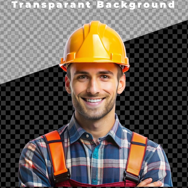 Portrait of smiling worker with helmet transparent background