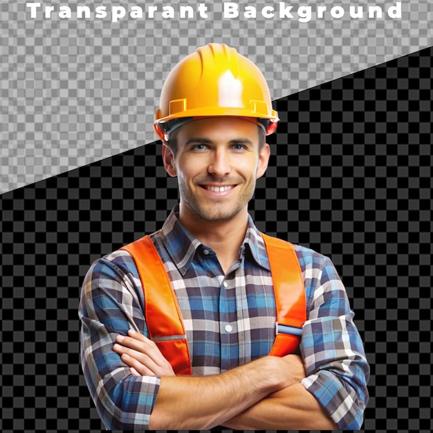 Portrait of smiling worker with helmet transparent background