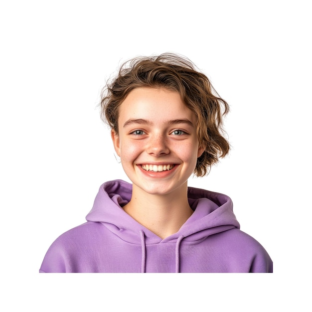 PSD portrait of a smiling young woman with curly hair wearing a purple hoodie