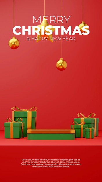 in portrait star, ball, and gift box 3D rendering blank mockup christmas gold and red podium